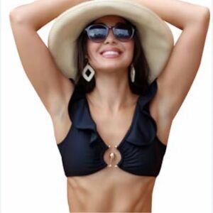 Sporlike Black Ruffled Removable-pads Bikini Top with Gold Accent - Sz XL